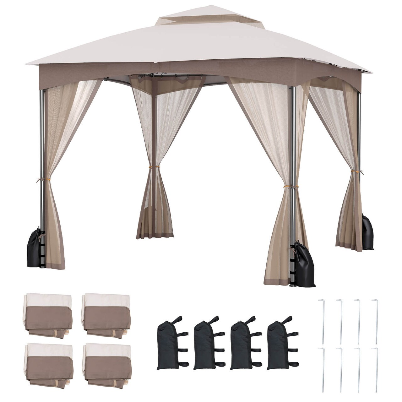 Costway 10x10 FT 2-Tier Patio Gazebo Canopy Netting Heavy-Duty Metal Easy-Setup Outdoor